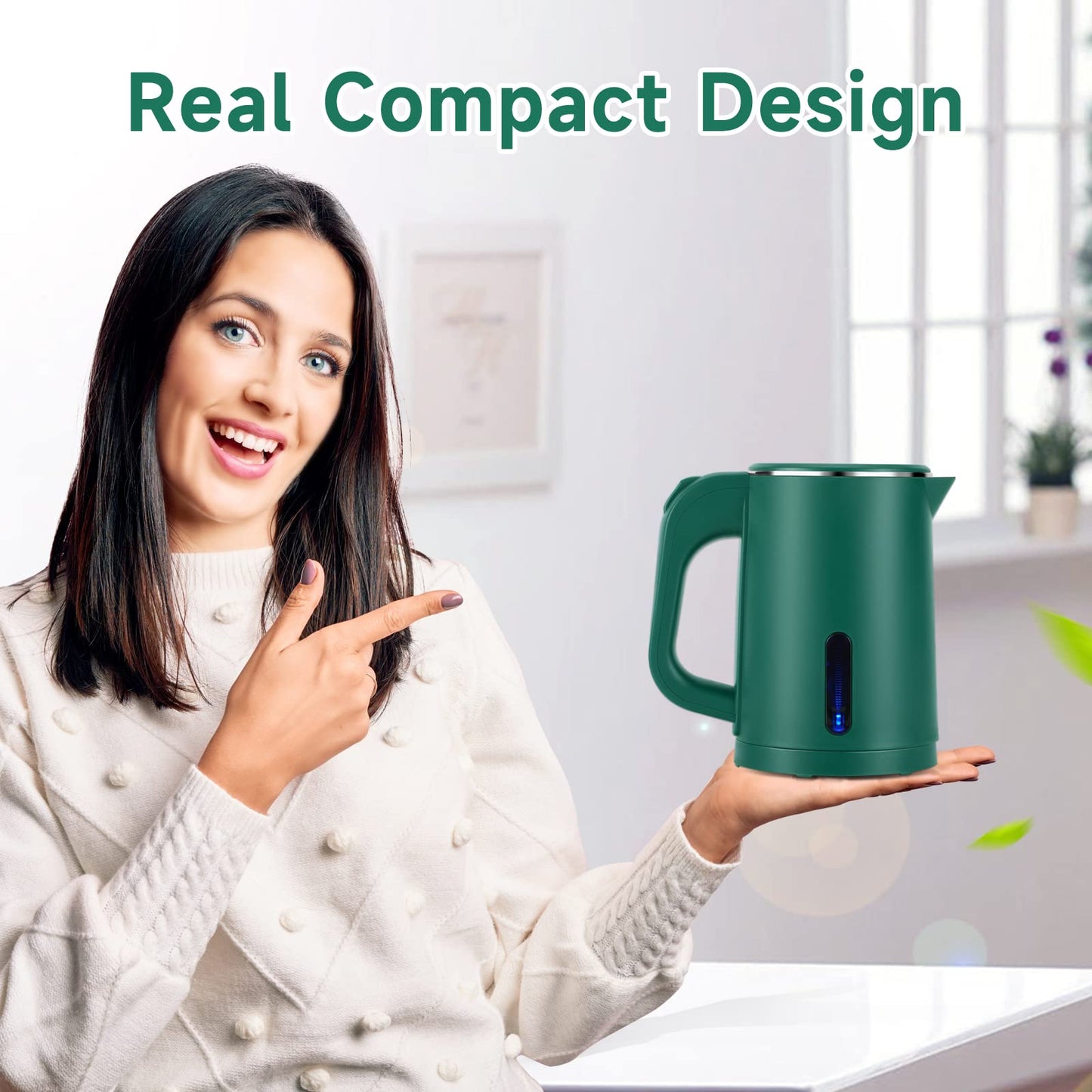 Small Electric Tea Kettle Stainless Steel, 0.8L Portable Mini Hot Water Boiler Heater, Travel Electric Coffee Kettle with Auto Shut-Off & Boil Dry Protection (Green)