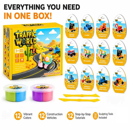 Air Dry Clay Kit for Kids – 12 Pack Construction Vehicles Modeling Clay Set, DIY Art Crafts with Sculpting Tools & Tutorials, Ultra Light Soft Magic Clay Car, Birthday Party Favors for Boys Girls