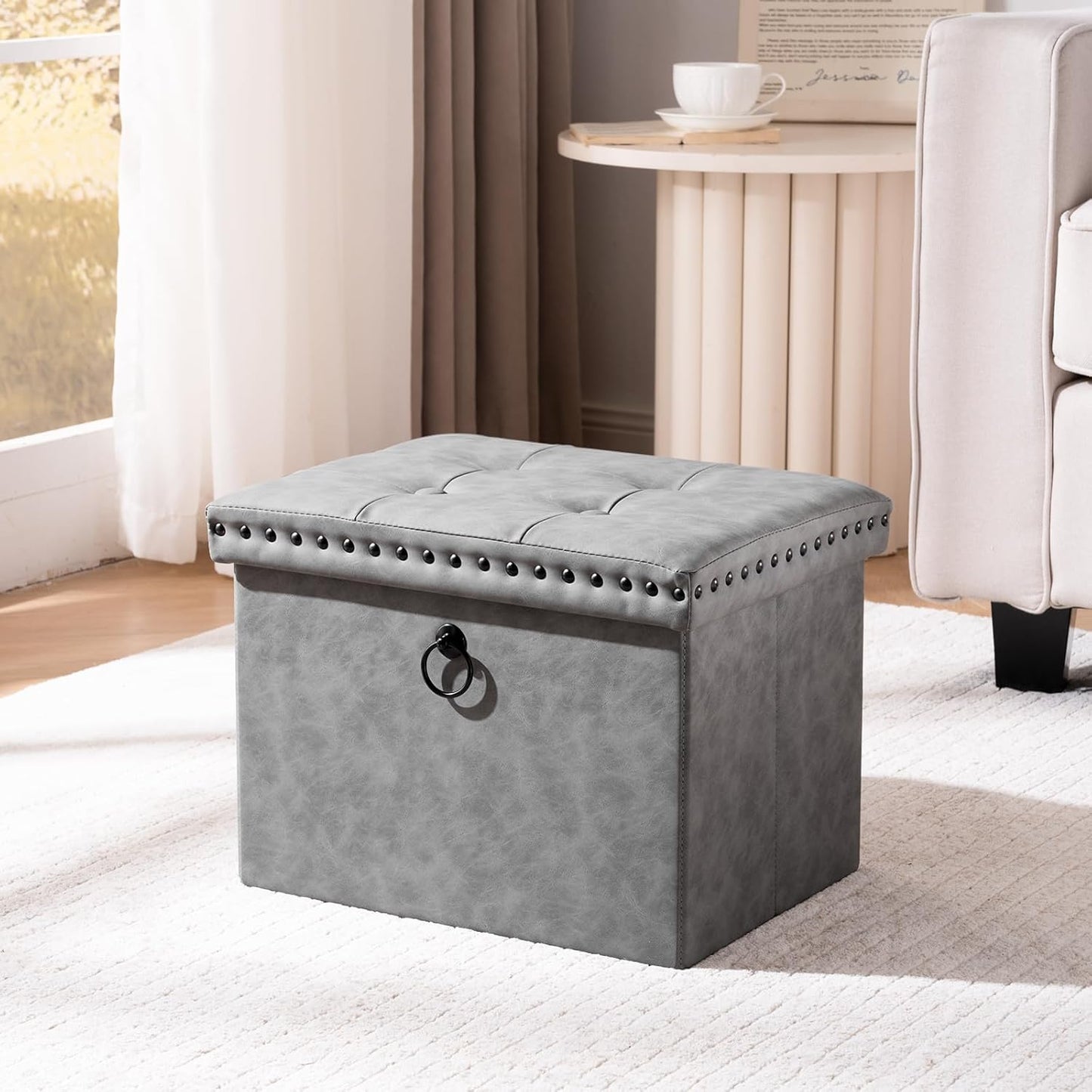 16x12x12 inches, 242 lb, oakvivo Storage Ottoman Cube Small Faux Leather Tuffed Foot Rest Stool with Rivet Design