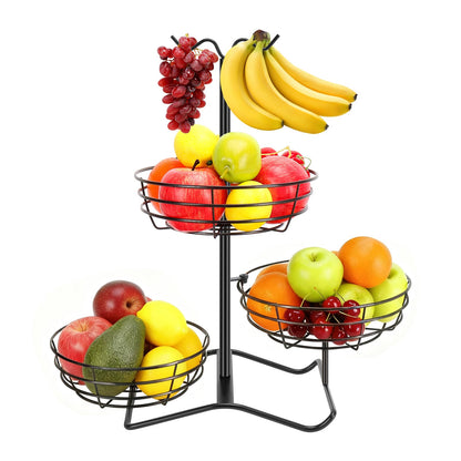 Winmien 3 Tier Fruit Basket Bowl with 2 Banana Hooks, Solid Metal Standing Vegetable Storage for Kitchen Counter, Large Capacity Organizer for Bread Snack Produce (Black)