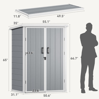 DWVO Outdoor Tall Storage Shed 60 Cuft with 2 Shelves, 5X3FT Vertical Tool Shed with Floor & Lockable Doors, Sturdy Double-Wall Plastic Cabinet for Garbage Cans and Garden Storage
