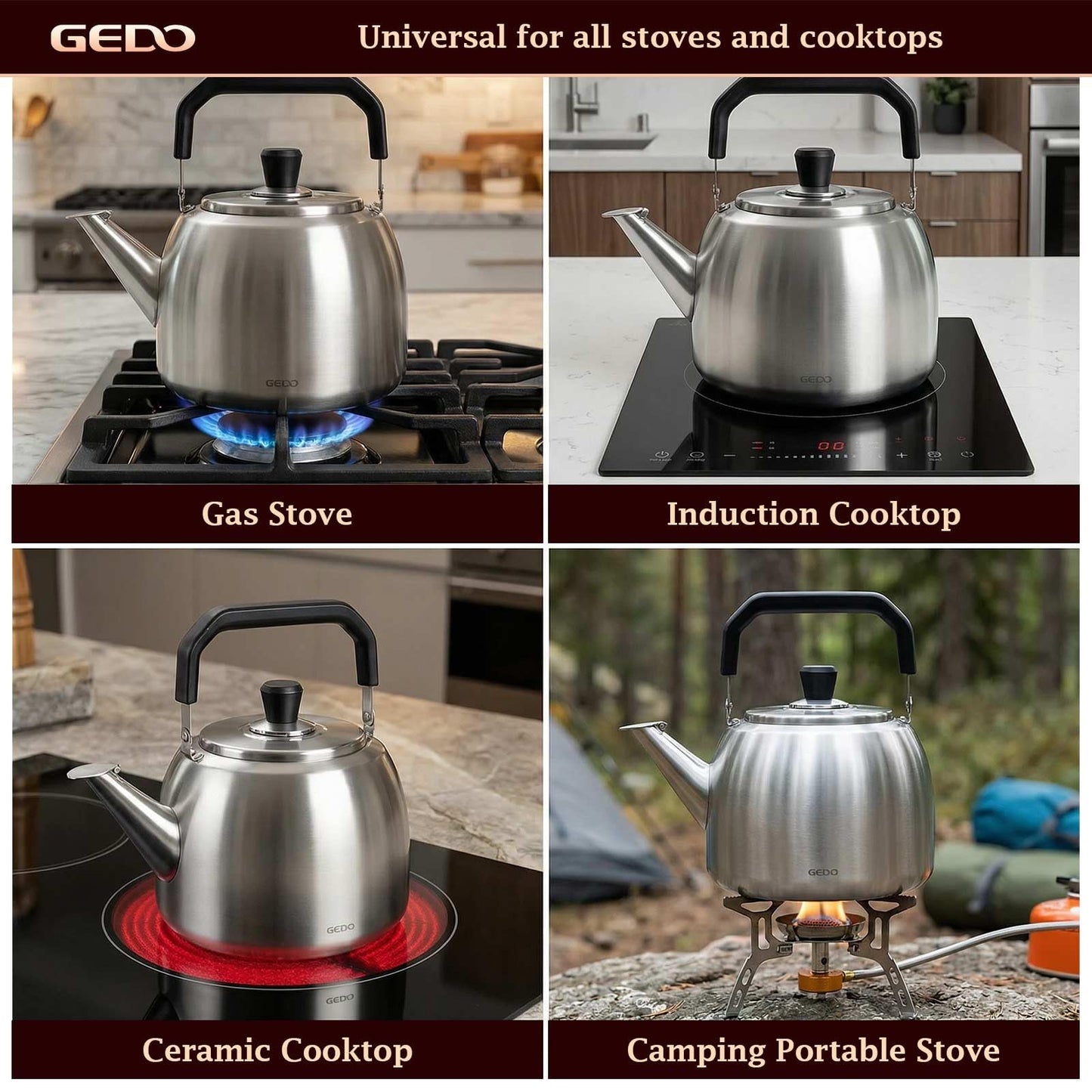 GEDO Stainless Steel Whistling Tea Kettle, 304 Food Grade, Large Capacity, Stovetop Kettle for Gas Stove and Induction Cooktop (4L/4.22QT)