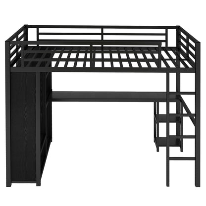 Bellemave Full Size Loft Bed with Desk, Wardrobe, Metal Full Loft Bed Frame for Adults, Kids, Teens, Black