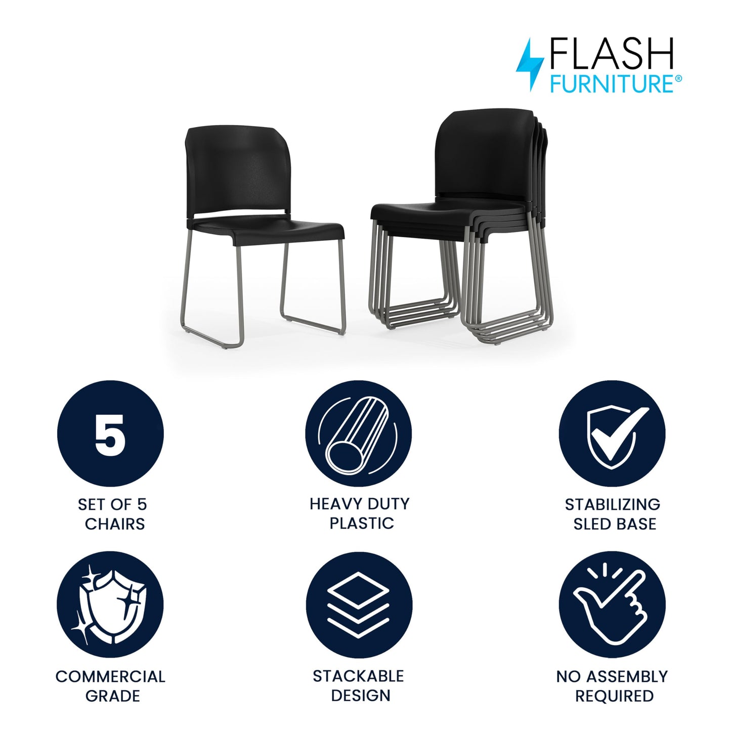Flash Furniture Hercules Series Contoured Stacking Chairs for Waiting Rooms and Offices, Ergonomic Lobby Chairs with Curved Back, Set of 5, Black