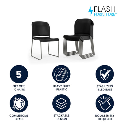 Flash Furniture Hercules Series Contoured Stacking Chairs for Waiting Rooms and Offices, Ergonomic Lobby Chairs with Curved Back, Set of 5, Black