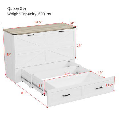 Merax Modern Farmhouse Solid Wood Murphy Cabinet Bed with Charging Station, Foldable Wall Platform Bed with Storage Drawer/No Box Spring Needed/Easy Assemble/Queen, White