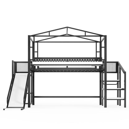 Bellemave Twin Size Metal House Loft Bed with Slide and Stairs,Heavy Duty Playhouse Loft Bed Frame with Shelves,LED Lights and Charging Station for Kids,Teens,Adults,Black