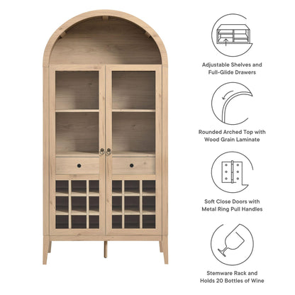 Modway Nolan Modern Farmhouse Arched Bar Cabinet in Light Oak Wood Grain - 72 Inch Tall Wine Storage Cabinet with Glass Doors and Wine Rack - Large Liquor Cabinet for Dining or Living Room