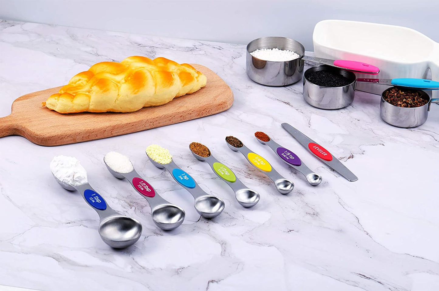 TILUCK measuring cups and magnetic measuring spoons set, stainless steel measuring cups, 6 double-sided stainless steel measuring spoons & 1 leveler (12)