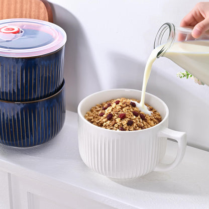 Ceramic Soup Bowl with Handle, Extra Large 38oz Ramen Bowl with Lid, Jumbo Soup Mug/Cup for Oatmeal, Cereals, Pasta, Noodle, Soup Container Meal-prep, Microwave & Dishwasher safe, 5.5 inch-White