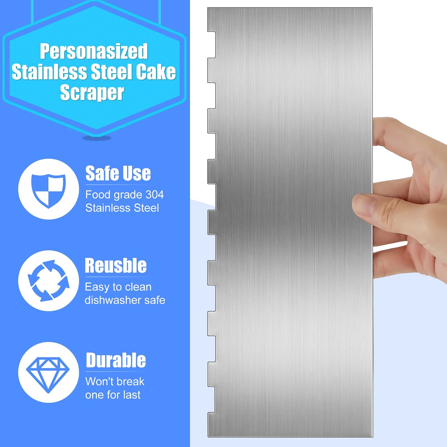 Geiserailie 4 Pieces Stainless Steel Cake Scraper Smoother Large Double Sided Patterned Edge Stripe 9 Inch Metal Cake Decorating Comb for Icing Mousse Butter Cream Decoration, 4 Styles