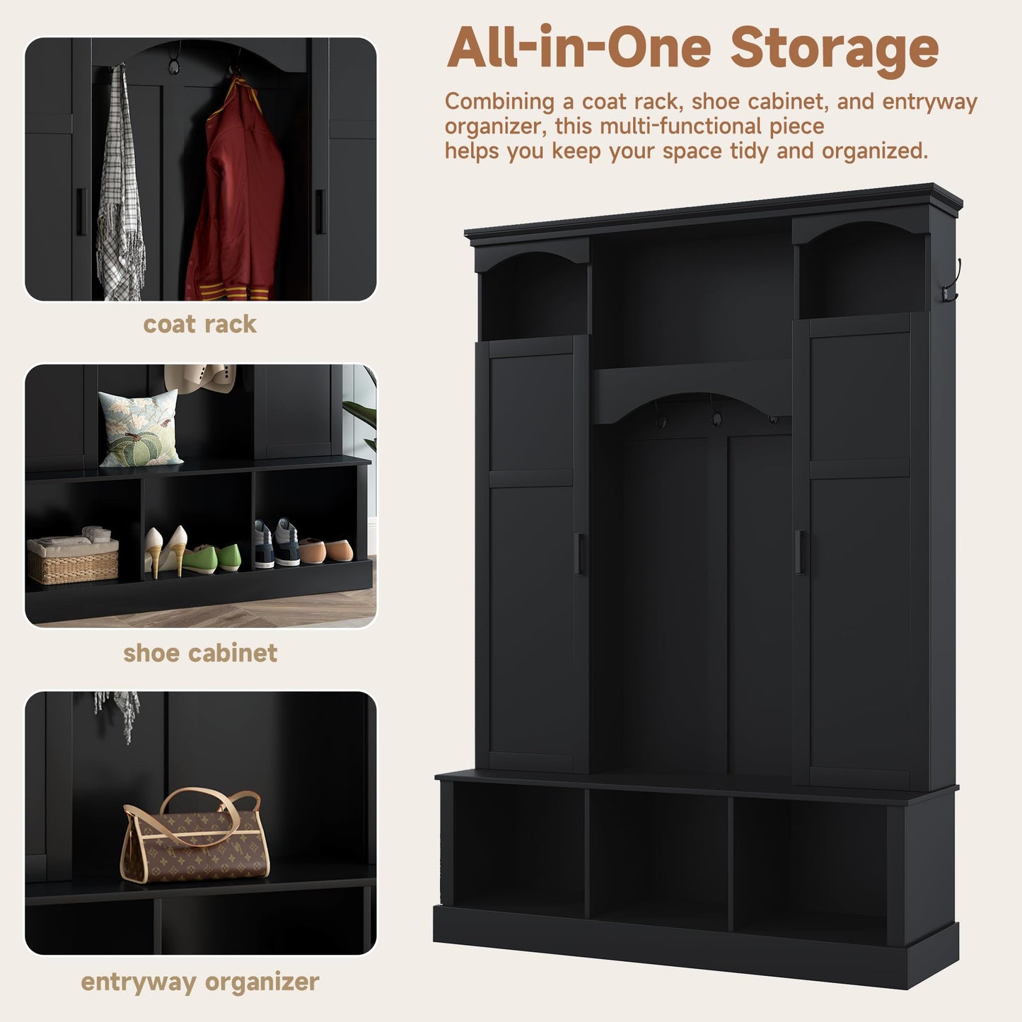 THINK 30 Modern All-in-One Hall Tree with Adjustable Shelves, Classic Arched Farmhouse Storage Bench with Dual Side Cabinets, Elegant Entryway Organizer with 7 Hooks for Mudroom, Hallway, Black