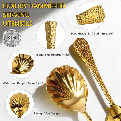 Serving Spoons 4Pack, 18/10 Stainless Steel Large Serving Spoons Set, Hammered Long Handle Serving Spoons for Buffet, Scalloped Design Serving Utensils for Kitchen Party Buffet Banquet (Gold)