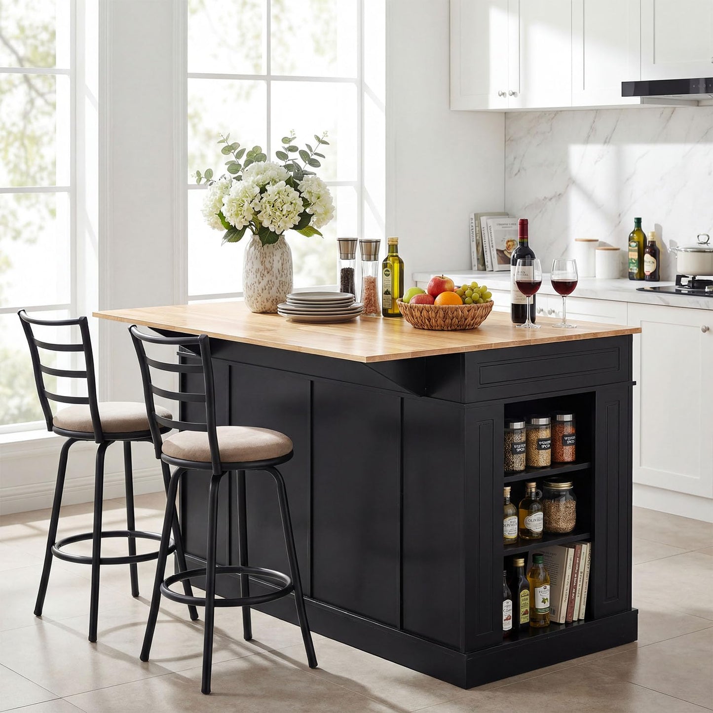 Giantex Kitchen Island with Storage & Drop Leaf, 48" Stationary Island Table with Rubber Wood Top, 2 Drawers, Cabinet, Adjustable Shelf, Butcher Block Island for Living Dining Room, Bar (Black)