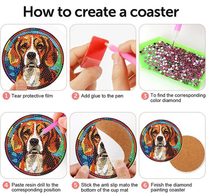 Puraikcmi 6pcs Dogs DIY Diamond Art Painting Kits Coasters with Holder, Diamond Coasters by Number Adults Crafts Full Drill Round Mosaic Stitch Art Craft Supplies
