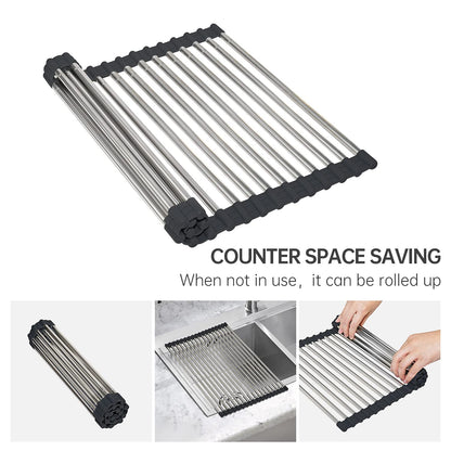 CHIRISEN Expandable Large Roll Up Dish Drying Rack, Foldable Over The Sink Dish Drying Rack, Rolling Dish Drainer Stainless Steel Roll Rack for Kitchen Sink Counter (Black, 21.25x12.79)