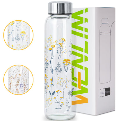 WENLIM Clear Water Bottle 16 oz BPA Free Glass Drinking Bottle for Juice with Stainless Steel Lid and Neoprene Sleeve (16 ounce, Scattered Flowers)