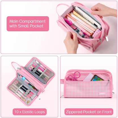 Sooez Large Pencil Case, Big Capacity Pencil Pouch Pen Bag with 3 Compartment, Portable Canvas Stationery Organizer with Zipper, Cute Aesthetic School Supplies for Teen Girls College, Black with Plaid