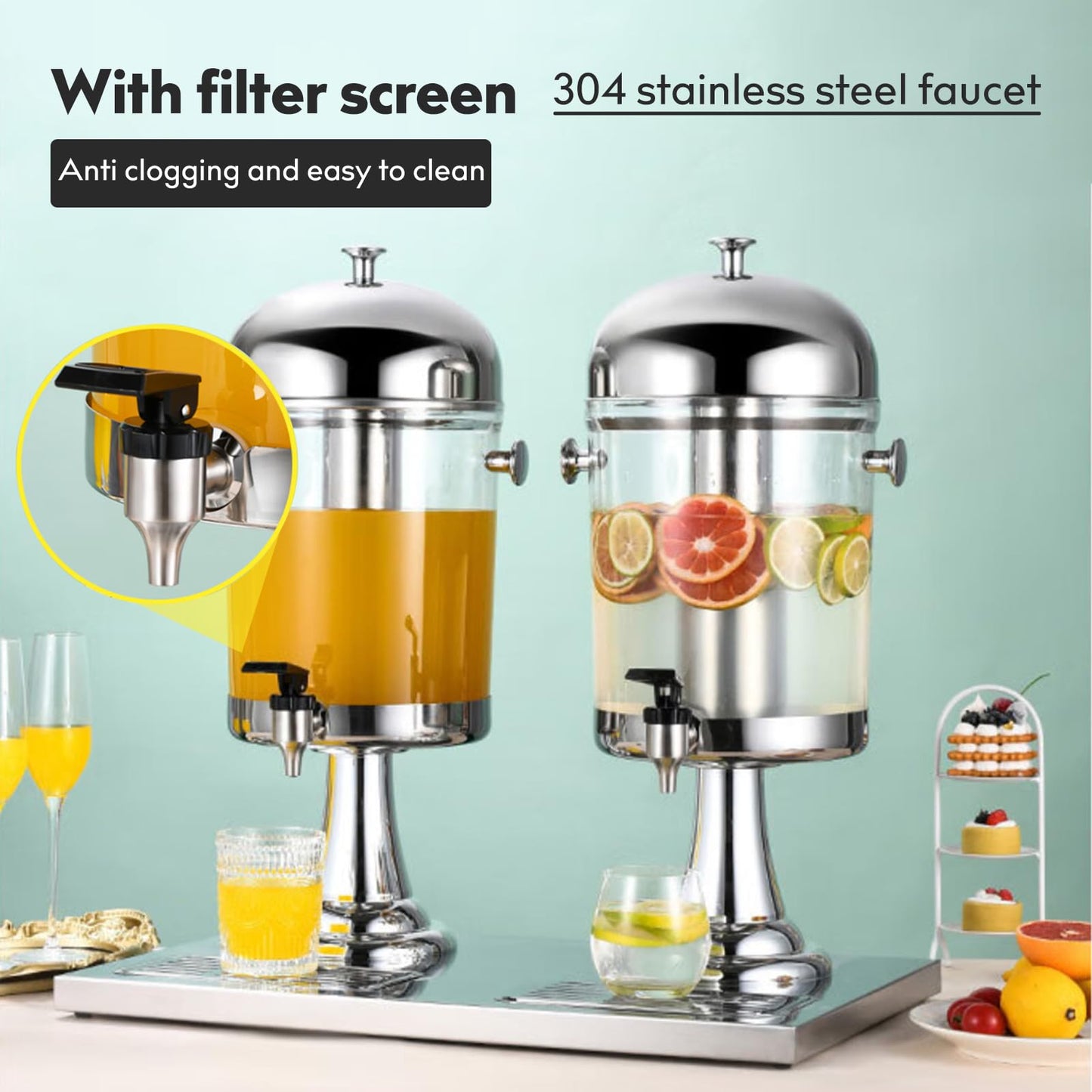 BAVNNRO 4.5 Gallon Drink Dispensers for Parties, Beverage Dispenser with Stand, Commercial Hot Cold Juice Dispenser with Ice Container and Stainless Steel Drip Trays for Beer, Water Lemonade