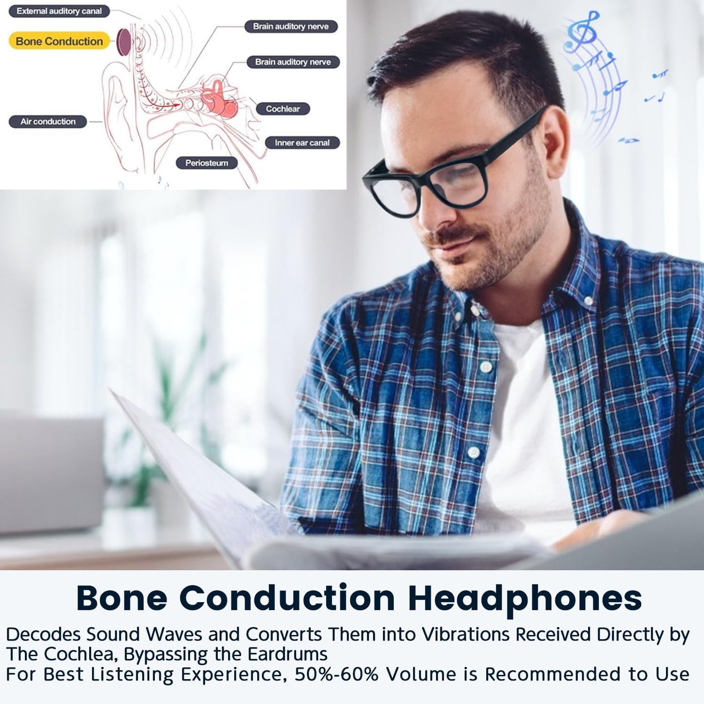 Smart Bone Conduction Glasses Bluetooth with Open-Ear Headphones, Photochromic Blue Light Blocking Lenses, IPX6 Waterproof, Hands-Free Calls/Music, Ideal Gifts for Dad/Men-Upgraded