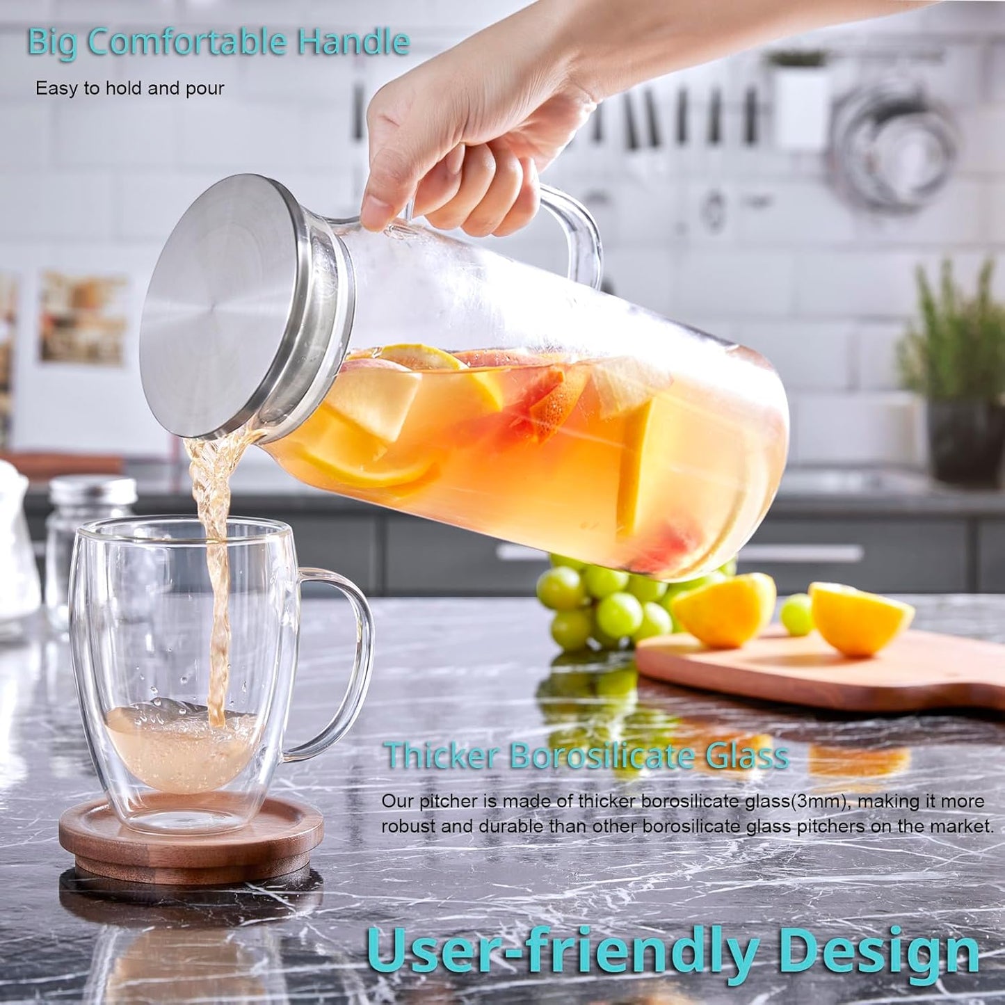 2 68 oz Bivvclaz Liter Glass Pitcher with Lid and Handle, Glass Carafe for Hot/Cold Water, Large Iced Tea Pitcher