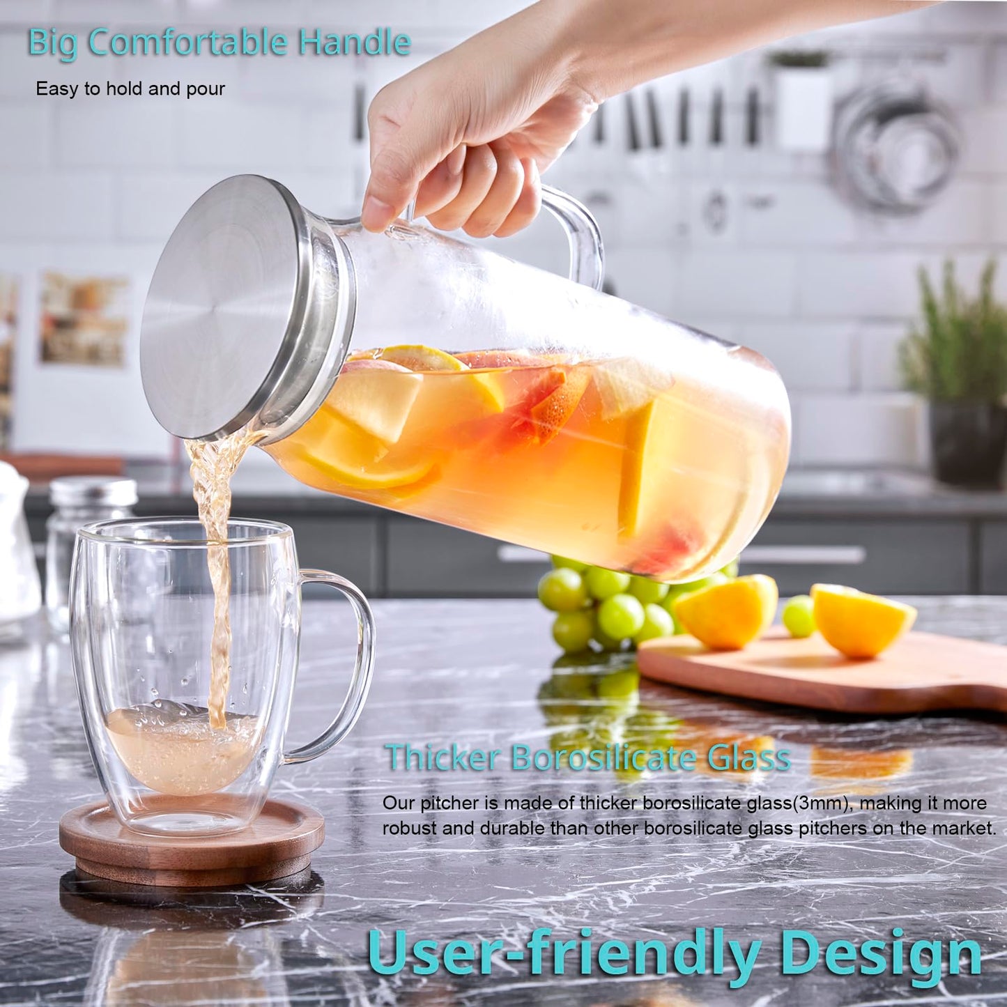 Bivvclaz 2 Liter 68 oz Glass Pitcher with Lid and Handle, Glass Carafe for Hot/Cold Water, Large Iced Tea Pitcher for Coffee, Juice and Homemade Beverage