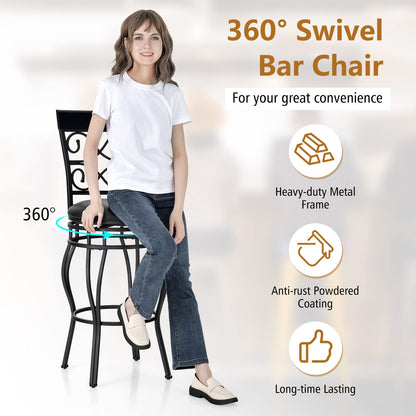 COSTWAY Bar Stools Set of 4, 360 Degree Swivel, 30" Bar Height Bar stools, with Leather Padded Seat Bistro Metal Vintage Chairs with Back for Kitchen Island, Pub (Set of 4)