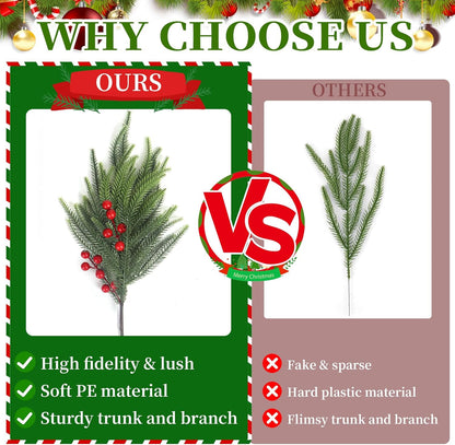 12Pcs Christmas Norfolk Pine Stems with Red Berries, Real Touch Artificial Norfolk Pine Branches for Vase,DIY Crafts