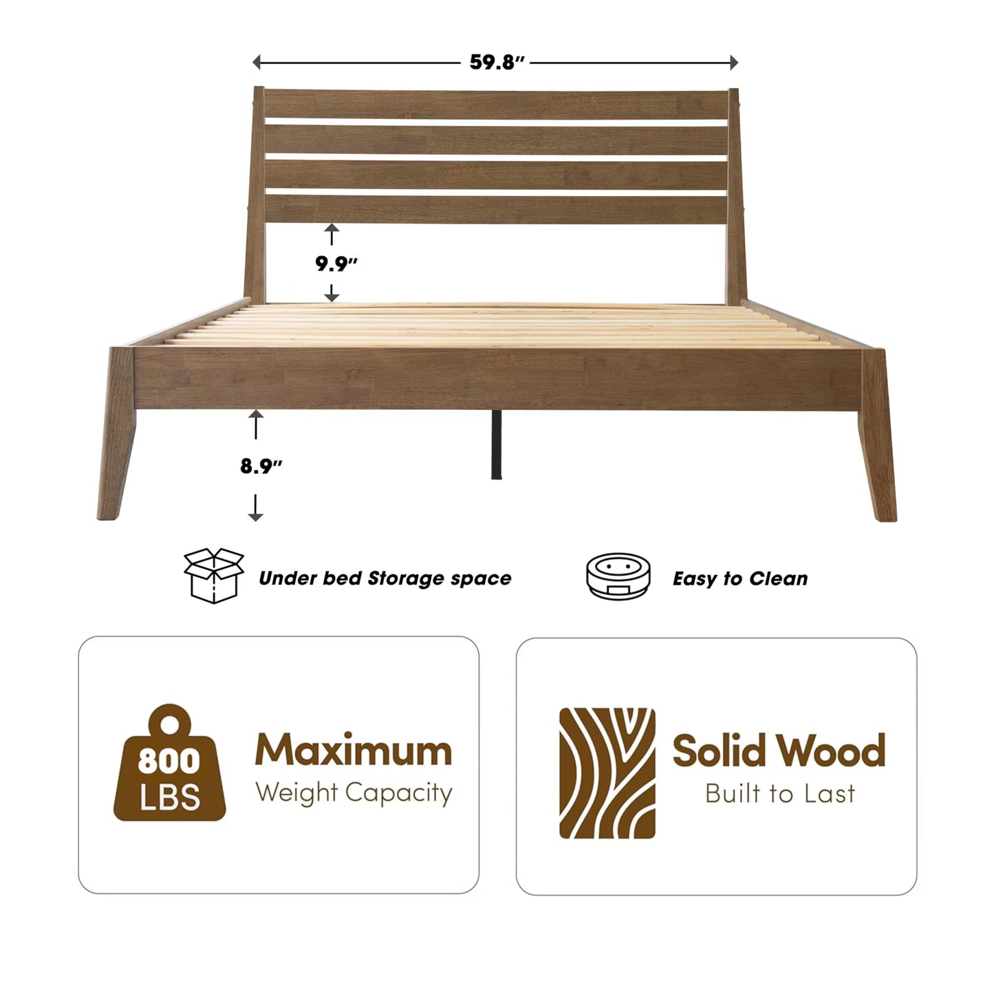Queen Size Bed Frame, Solid Wood Platform Bed with Headboard & Footboard, Center Metal Legs, 12 Strong Slatted Base, No Box Spring Needed, Anti-Noise & Slip-Free Easy Assembly, Barnwood Finish RKQ-30
