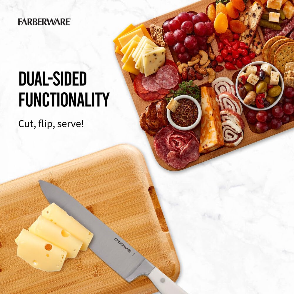 Farberware Build-A-Board Bamboo Cutting Board with Built-In Compartments & Clear Locking Lid, Black Handles – Charcuterie, Snack Tray, Food Prep and Serving Platter