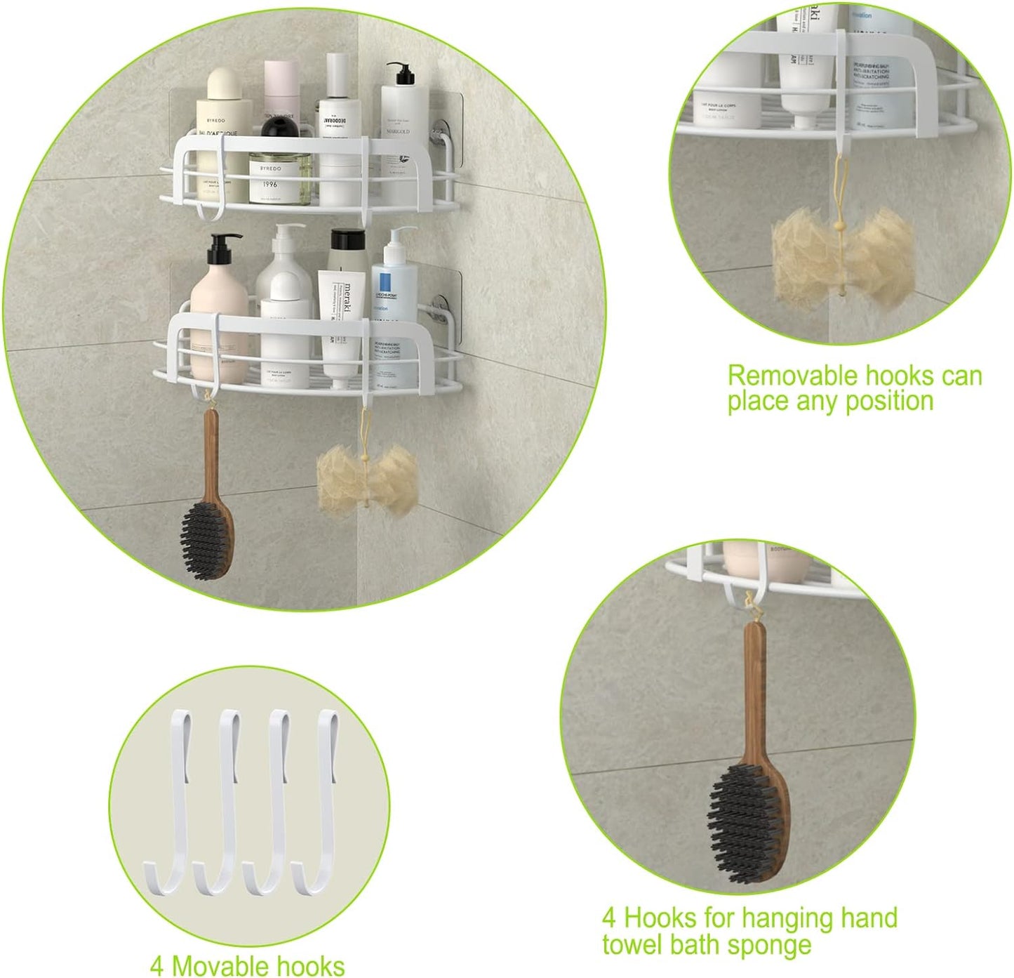 2-Pack 4 SUS304 STEUGO Corner Shower with Hooks Adhesive, Bathroom Shower Rack Rust Resistant Stainless Steel for Dorm