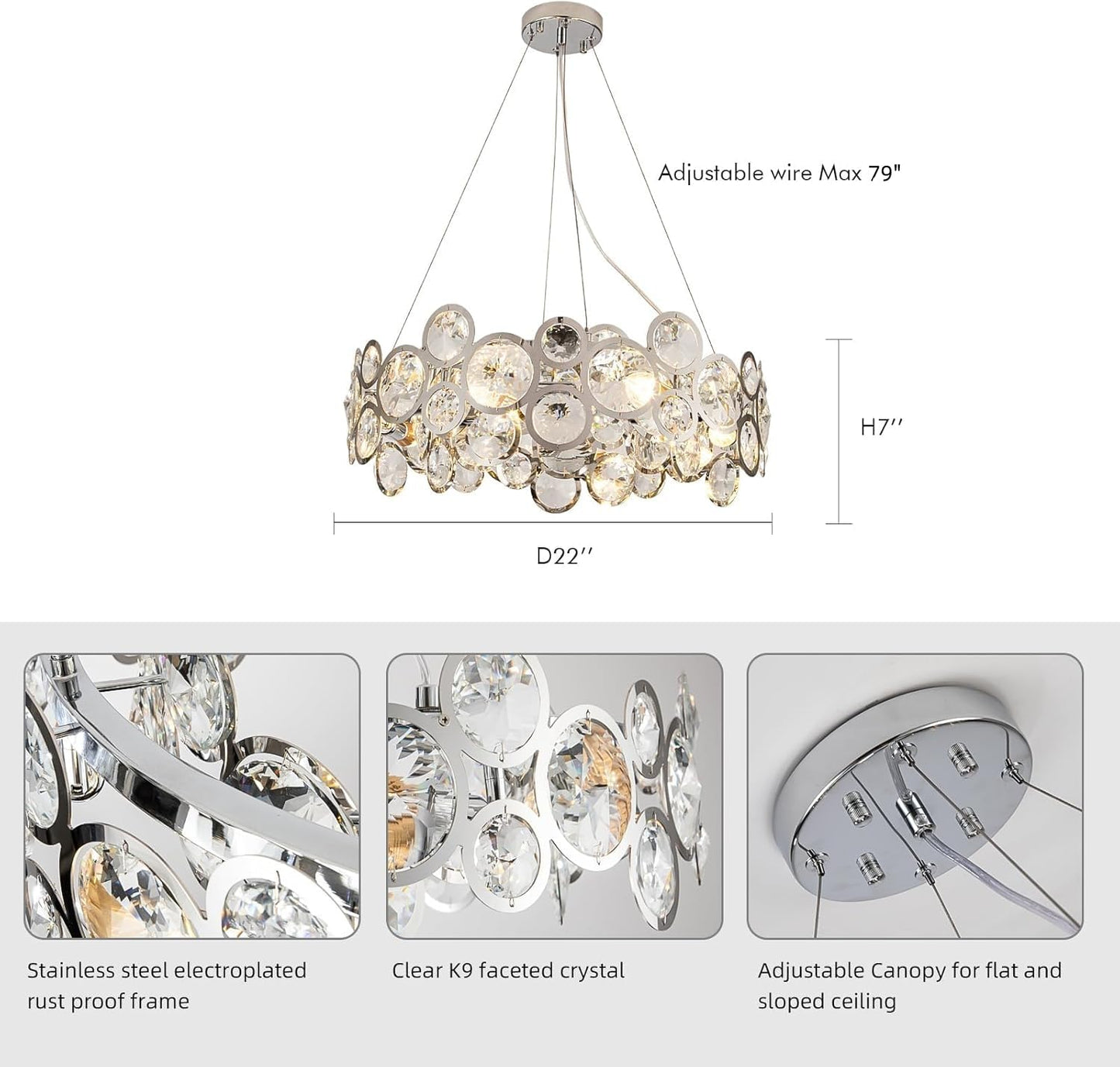 Wndtu Opal Unique Elegance Crystal Chandelier Luxury Round Crystal Modern Stainless Steel Chrome Pendant Ceiling Lights Fixture for Dining Room Living Room Kitchen Island Above Table D22