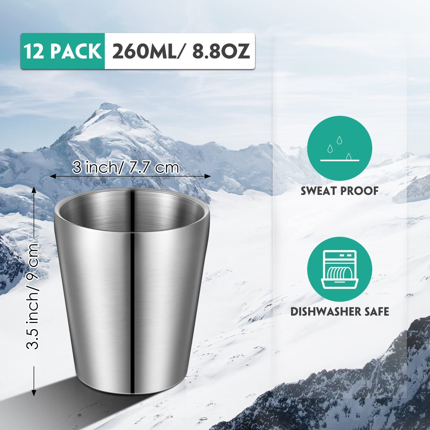 Amyhill 12 Pieces Stainless Steel Cups Double Wall Tumbler Glasses Stackable Metal Drinking Cups Insulated Drinking Glasses Reusable Camping Mugs for Home Camping RV BBQ Office Party(Silver,8.8 oz)
