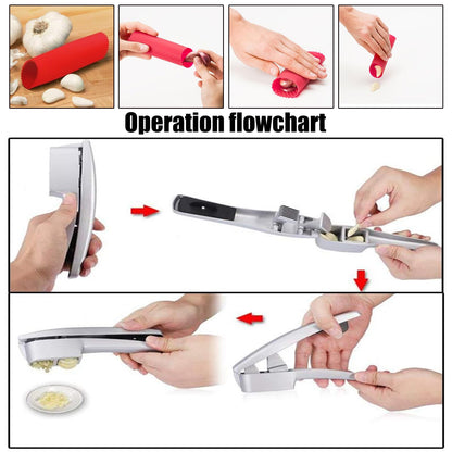 QPQ 2-in-1 Professional Garlic Press and Peeler Set, Aluminum Kitchen Tool with Built-in Cleaner, Manual Crusher and Mincer for Unpeeled Garlic Cloves,Fast And Portable Garlic Peeler