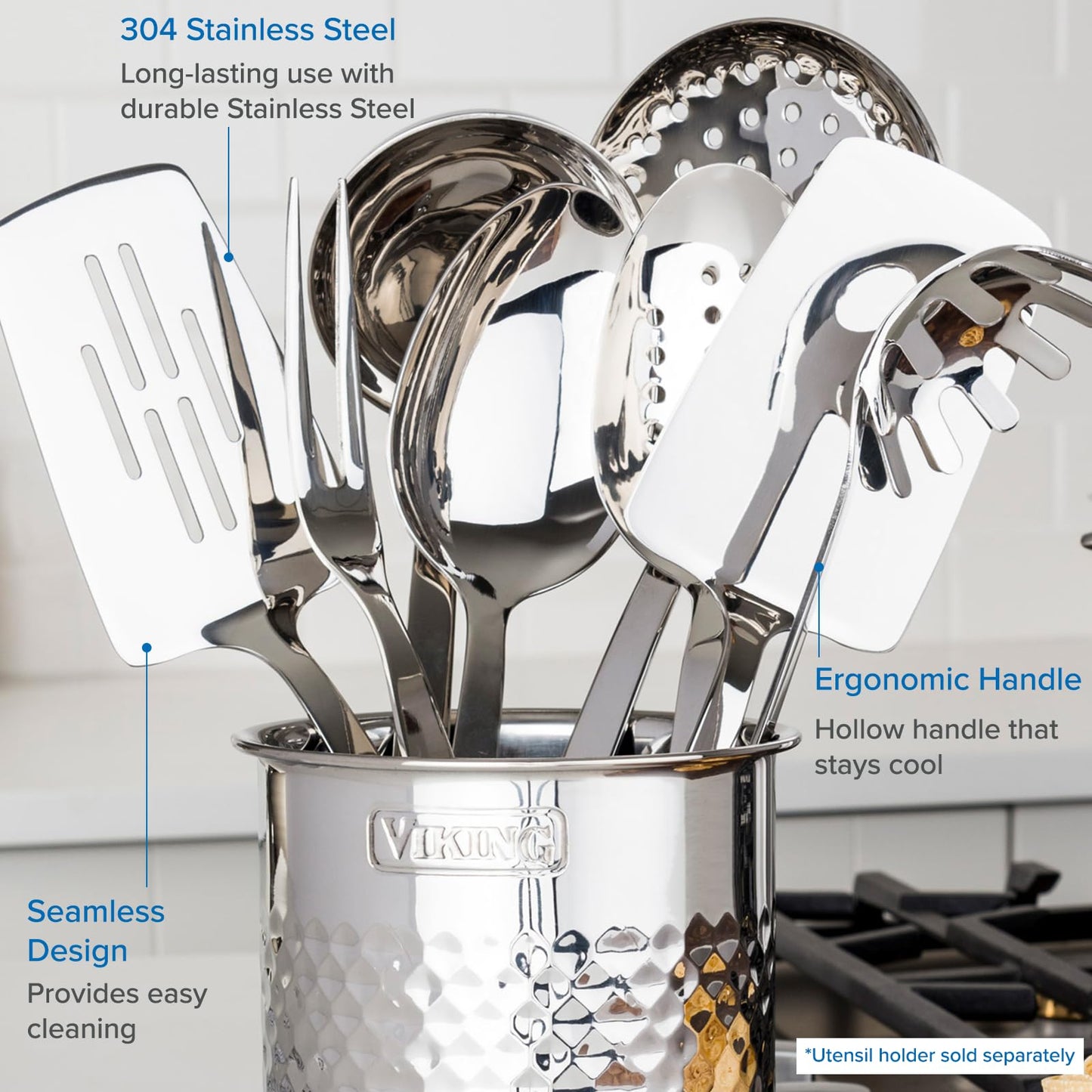 Viking Culinary 3-Ply Stainless Steel Hammered Copper Clad Cookware Set, 10 Piece, Oven Safe & Culinary 304 Stainless Steel Kitchen Utensil Set, Ergonomic Stay-Cool Handles
