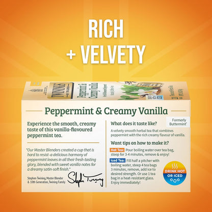 Twinings Peppermint & Creamy Vanilla Herbal Tea - Caffeine-Free, 20 Individually Wrapped Bags, Pack of 6