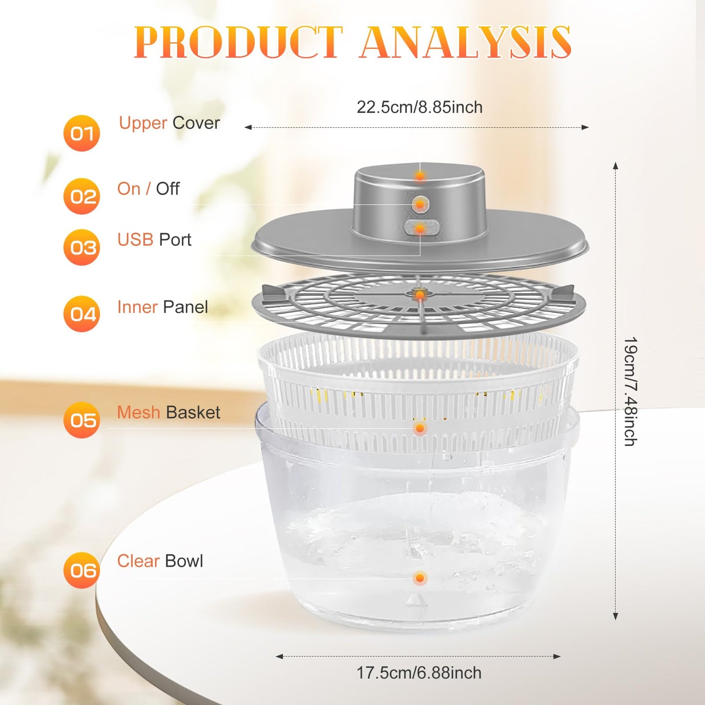 Vegetables Washer Dryer,4L Large Capacity Fruit Vegetable Strainer Spinner,USB Electric Salad Lettuce Spinner,Automatic Compact Salad Cleaner and Dryer for Home Kitchen(White)
