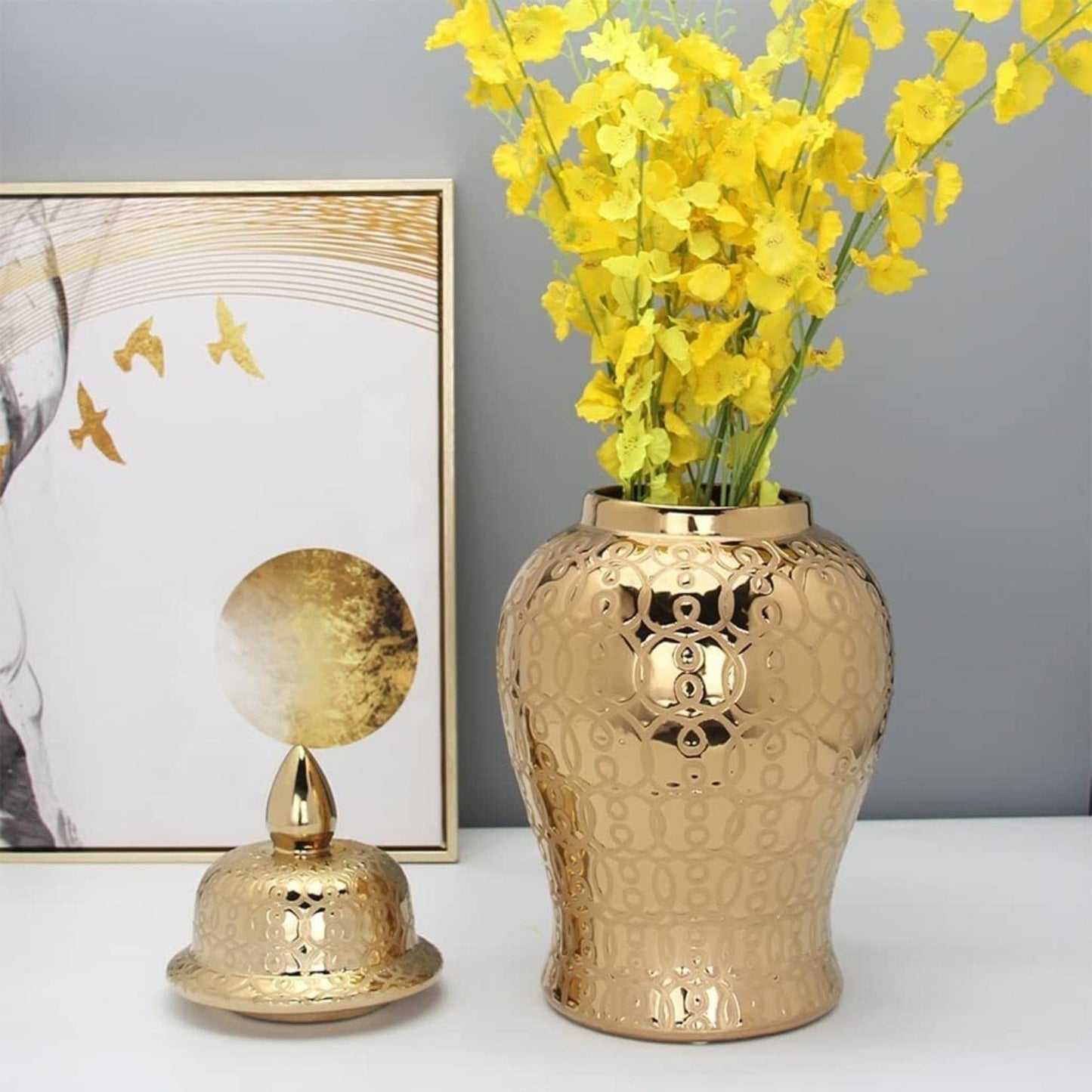 AJJBSS Tea Tin Gold Ginger Jars for Home Decor, Handcrafted and Hand Painted Decorative Ceramic Jar Vase with Lid，Carved Patterned Temple Jar (Size : Large)