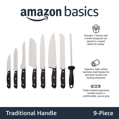 Amazon Basics 9-Piece High-Carbon Stainless Steel Kitchen Knife Set with Ergonomic Handles, Full Tang Construction, Pine Wood Block, Black