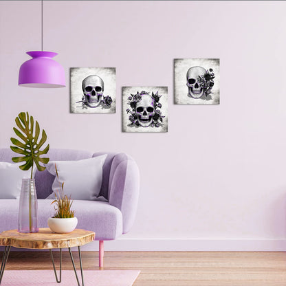 Artsbay Grey Skeleton Wall Art Skull and Rose Pictures Paintings Rustic Gothic Home Decor for Living Room Bedroom Bathroom 12" x 12" x 3PCS