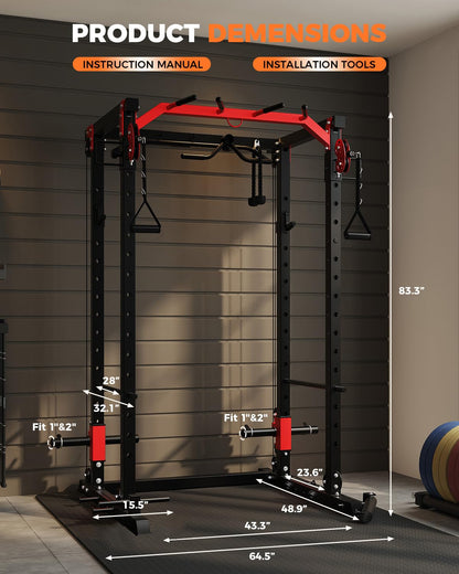 Power Cage, Power Rack with Cable Crossover System, 2000LBS Squat Rack with LAT Pull Down System, Workout Cage with Pulley System for Fitness Home Gym Strength Training