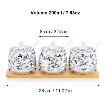 fanquare Blue and White Floral Ceramic Sugar Bowl with Lid, Spoon and Tray, Coffee Sugar Canister Set of 3, Seasoning Box Salt Bowl for Kitchen, 9.5 Ounces