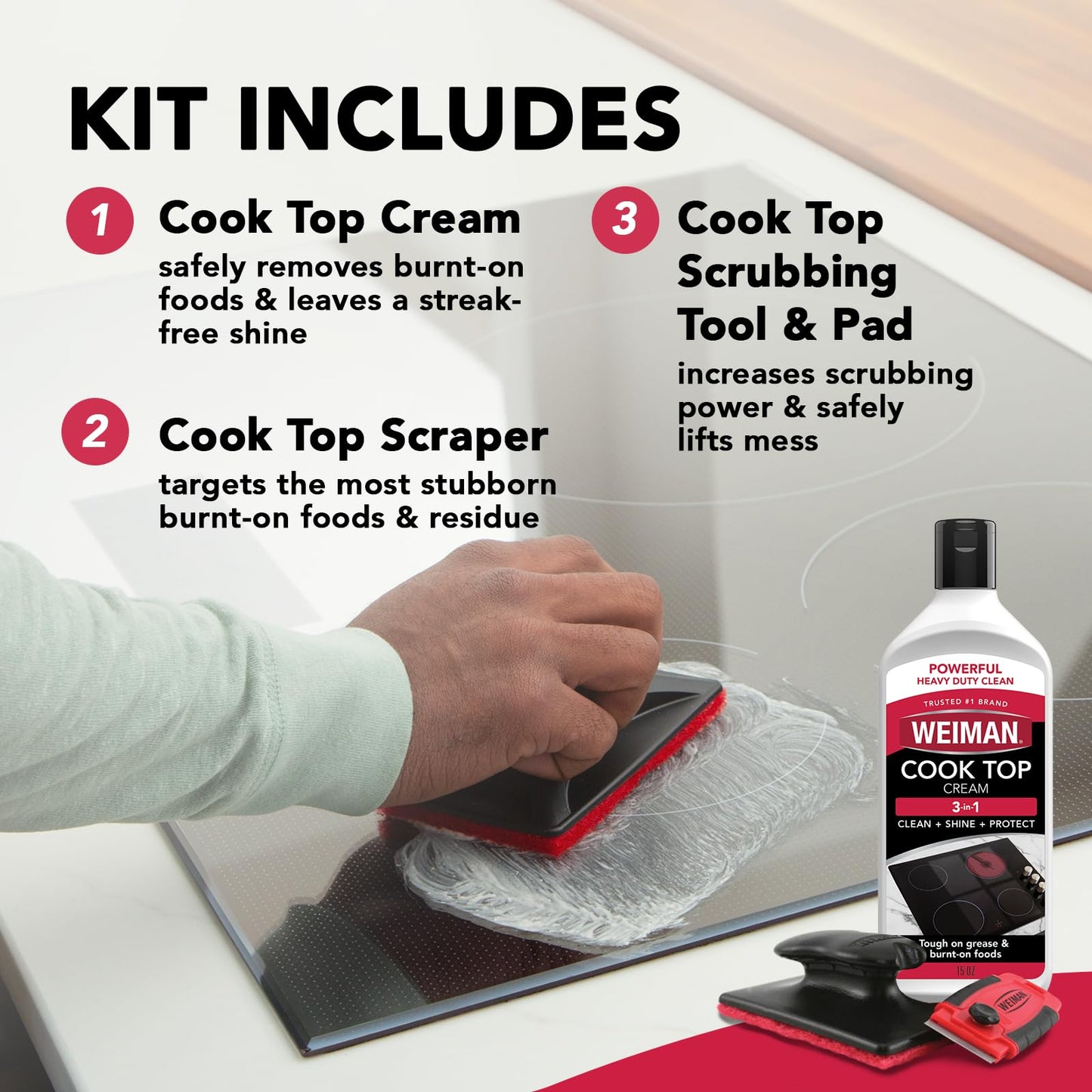 Weiman Glass & Ceramic Cooktop, Stove Top & Oven Cleaner Kit – Kitchen Cleaner Cream, 3 Scrubbing Pads & Scraper for Burnt-On Food & Grease, Clean Shine - Safe for Induction, Electric & Gas Cooktops
