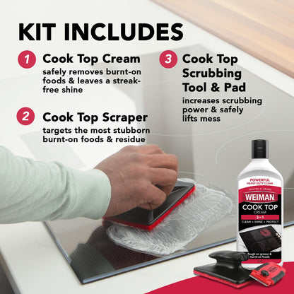 Weiman Glass & Ceramic Cooktop, Stove Top & Oven Cleaner Kit – Kitchen Cleaner Cream, 3 Scrubbing Pads & Scraper for Burnt-On Food & Grease, Clean Shine - Safe for Induction, Electric & Gas Cooktops