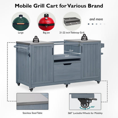 Merax Outdoor Grill Table for Big Green Egg Grills, 66.5" Patio Kitchen Island on Wheels with Stainless Steel Tabletop,Drawer and Spice Rack, Solid Wood Outdoor Storage Cabinet for Backyard, Grey Blue