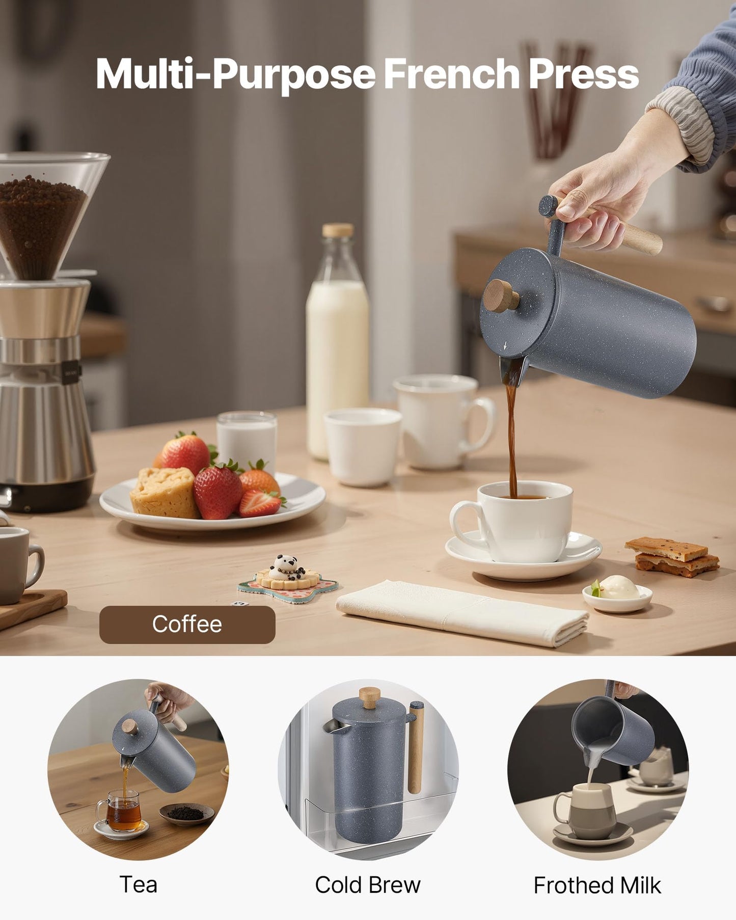VEVOR French Press Coffee Maker, 34 Ounce 1 Liter Stainless Steel Coffee Press Tea Maker with Filter, Large Double Wall Insulated French Presses Cold Brew for Camping Travel Home Kitchen, Black