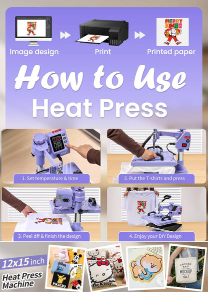 AKEYDIY Heat Press 5 in 1 Heat Press Machine 12x15 inch Swing Away T Shirt Pressing Machine with Digital Control, Multifunction Heat Press Transfer Sublimation Combo for T Shirts Mugs Hat Plate Cap