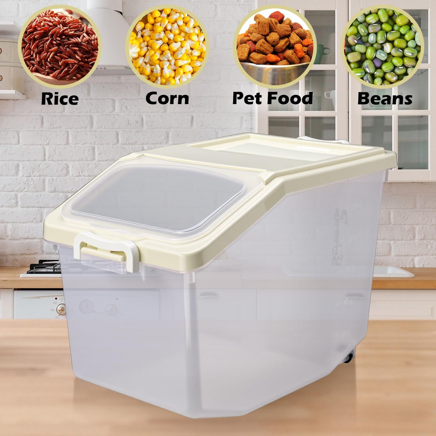 Sunnyray 4 Pcs Rice Storage Container Bulk 27.6 lb Airtight Flour Container with Wheels and Lids Measuring Cup Clear Pet Food Dog Birds Cat Food Bin Grain Cereal Organizer Box(Cream)