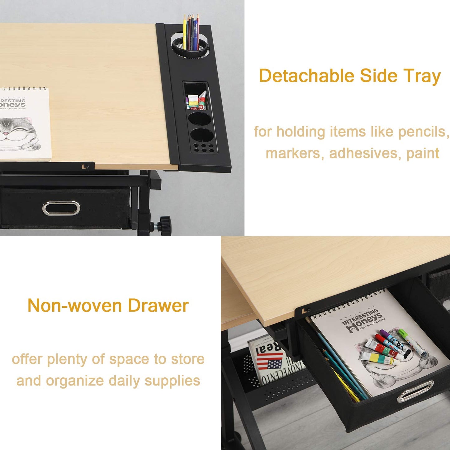 4everwinner Height Adjustable Drafting Desk Drawing Table Tiltable Tabletop with Stool and 2 Storage Drawer for Reading, Folding Draft Table Painting Writing Art Craft Desk Work Station (Wood)