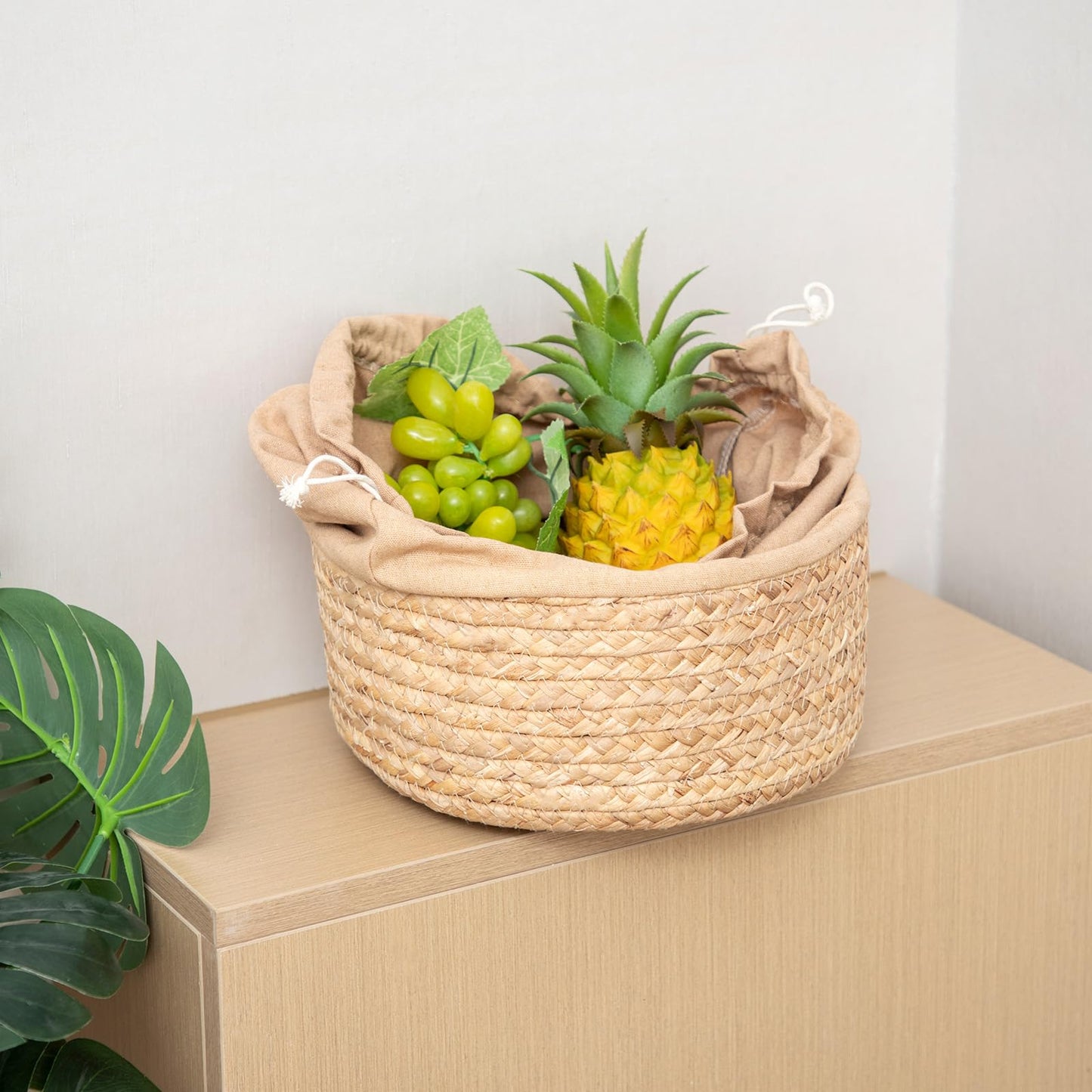 Water Hyacinth Handwoven Storage Basket with Drawstring Lid, 10.24x10.24x12.60in Natural Round Organizer for Nursery, Closet, Shelves & Kitchen